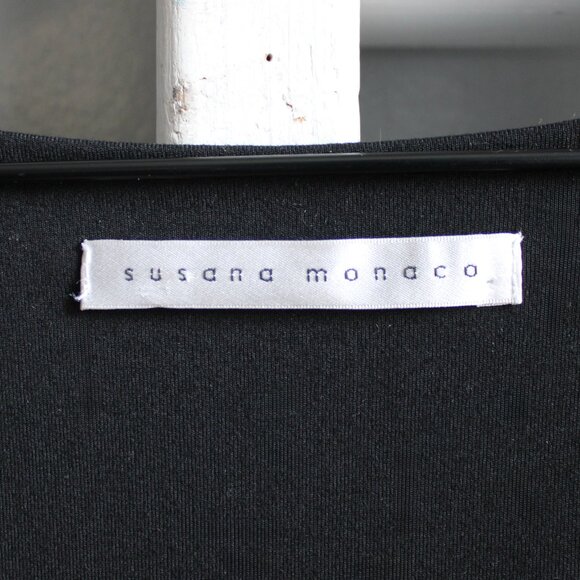 Susan Monaco Black Ruched Faux Wrap Crossover Short Sleeve Mini Dress sz Medium - Picture 4 of 6